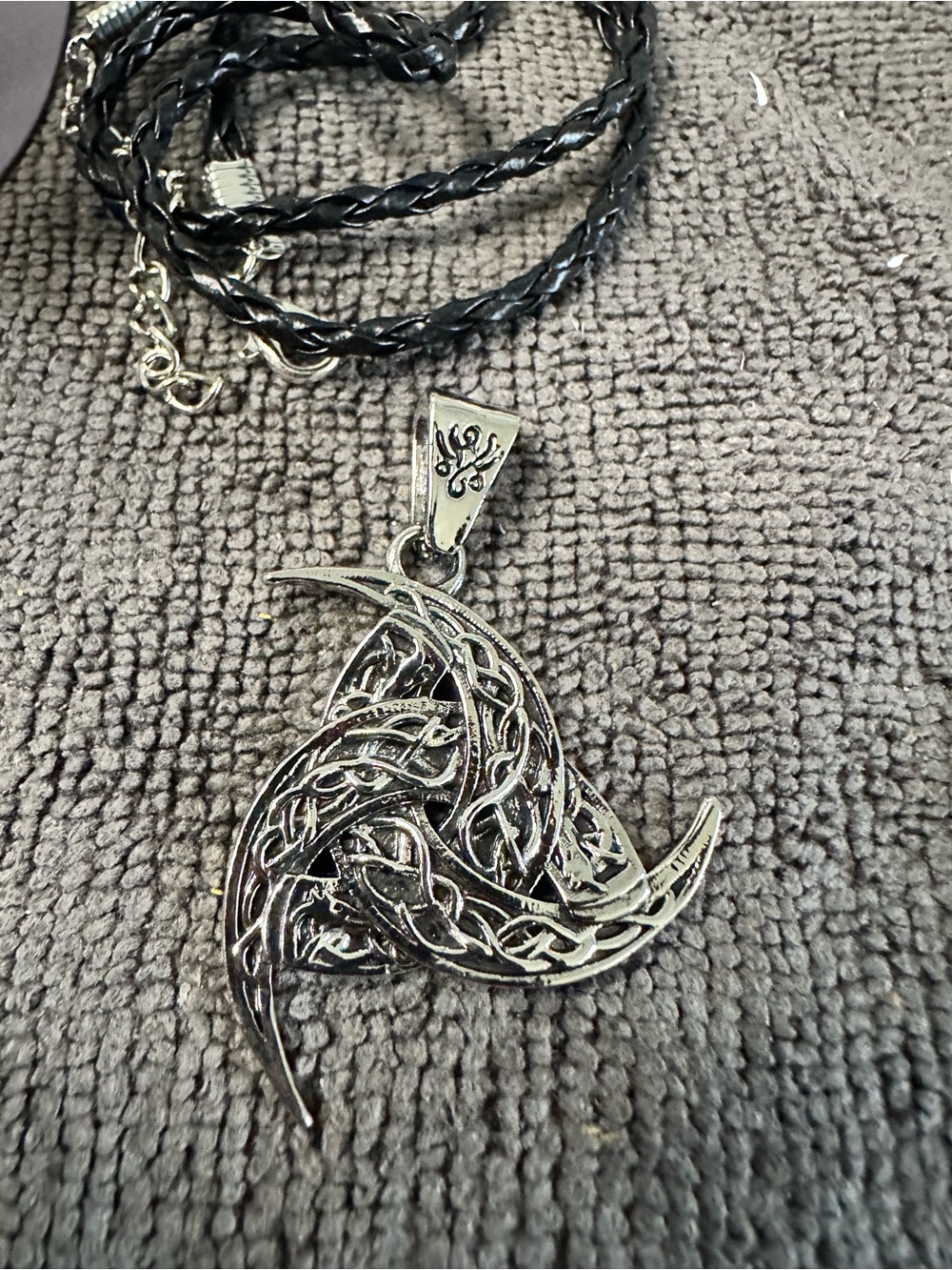 Silver Celtic Triskelion Pendant Necklace with Black Braided Cord